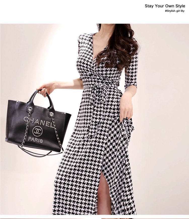 New Spring and Summer One-Piece Print Dress Shoelace Fashion Long Skirt Slim Looking High Elegant V Neck Slim Dress