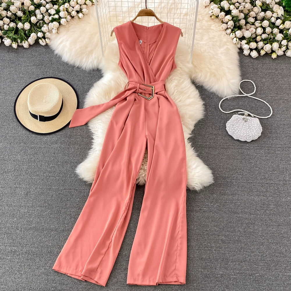 K-style V Neck High Waist Fashion Casual Drooping Wide Leg Pants
