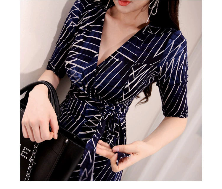 New Spring and Summer One-Piece Print Dress Shoelace Fashion Long Skirt Slim Looking High Elegant V Neck Slim Dress