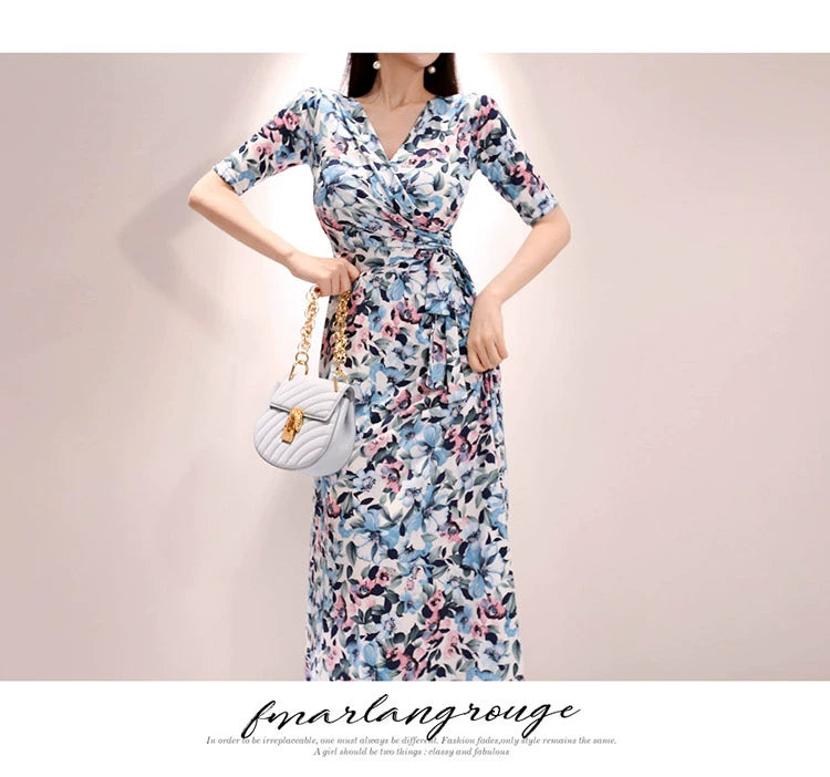 New Spring and Summer One-Piece Print Dress Shoelace Fashion Long Skirt Slim Looking High Elegant V Neck Slim Dress
