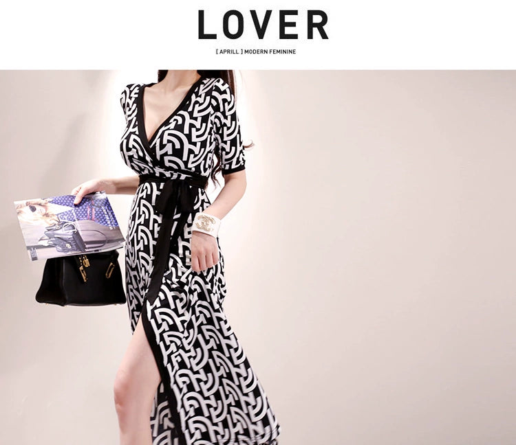 New Spring and Summer One-Piece Print Dress Shoelace Fashion Long Skirt Slim Looking High Elegant V Neck Slim Dress