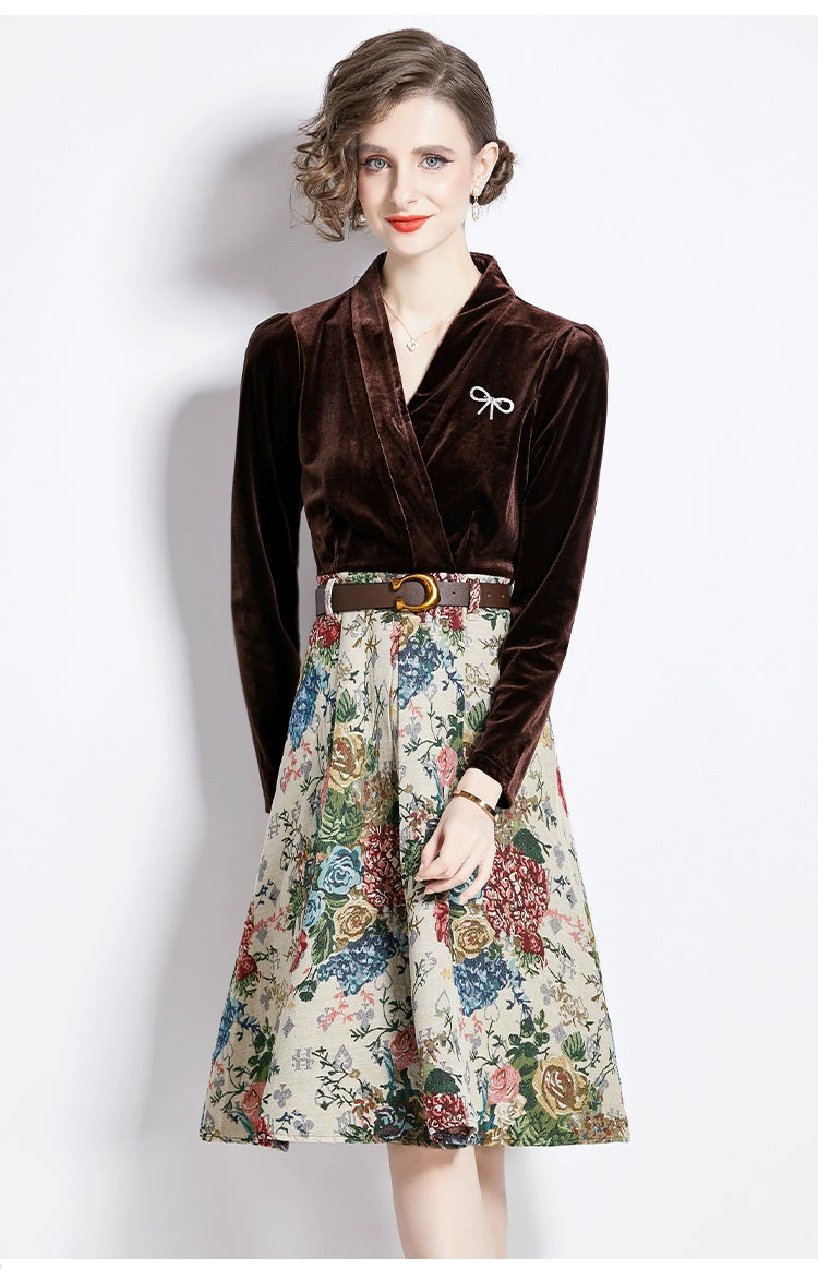 Gold Velvet Jacquard Fake Two-Piece Dress