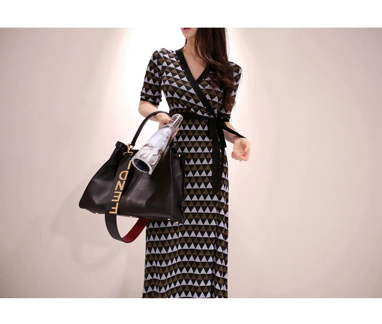 New Spring and Summer One-Piece Print Dress Shoelace Fashion Long Skirt Slim Looking High Elegant V Neck Slim Dress