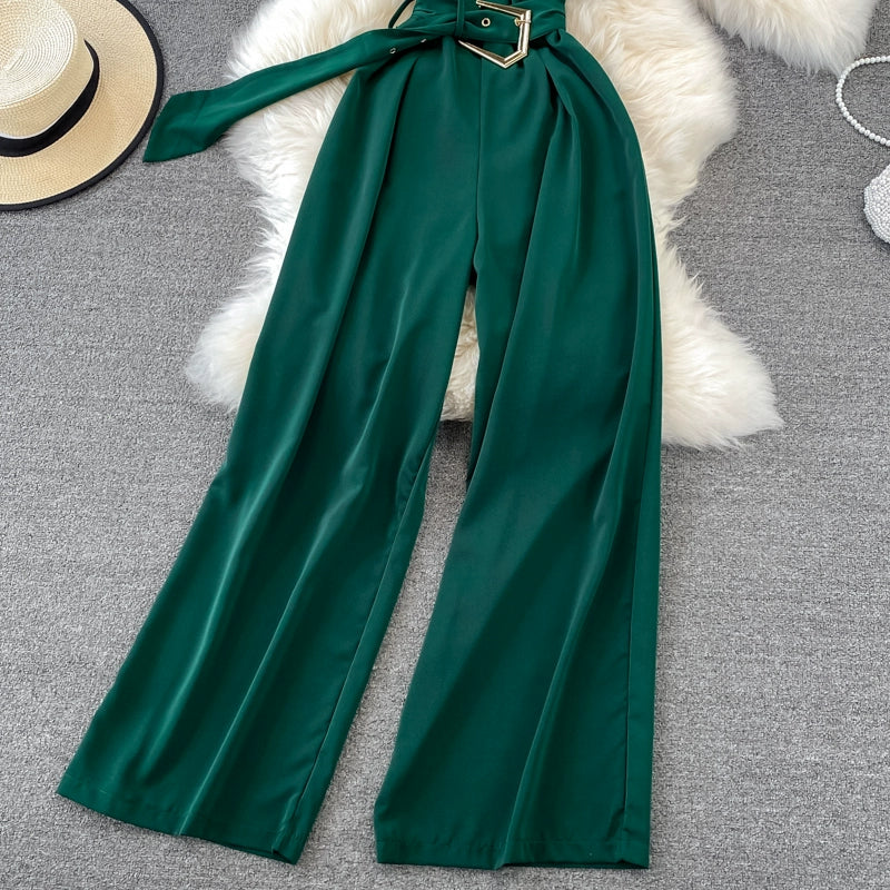 K-style V Neck High Waist Fashion Casual Drooping Wide Leg Pants