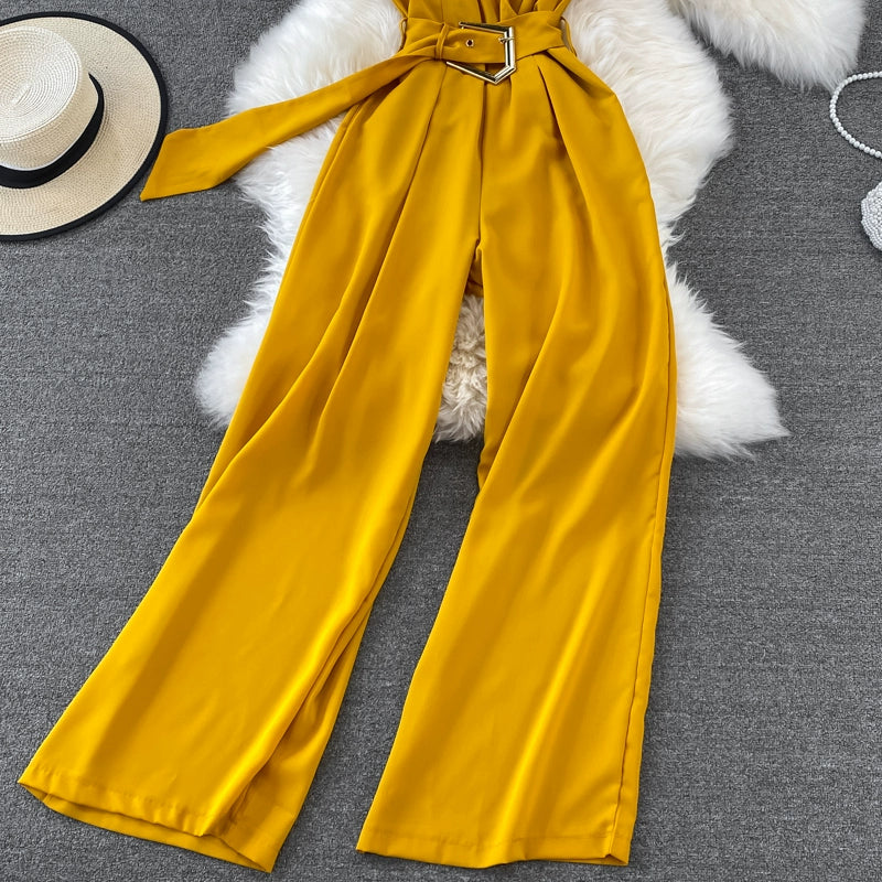 K-style V Neck High Waist Fashion Casual Drooping Wide Leg Pants