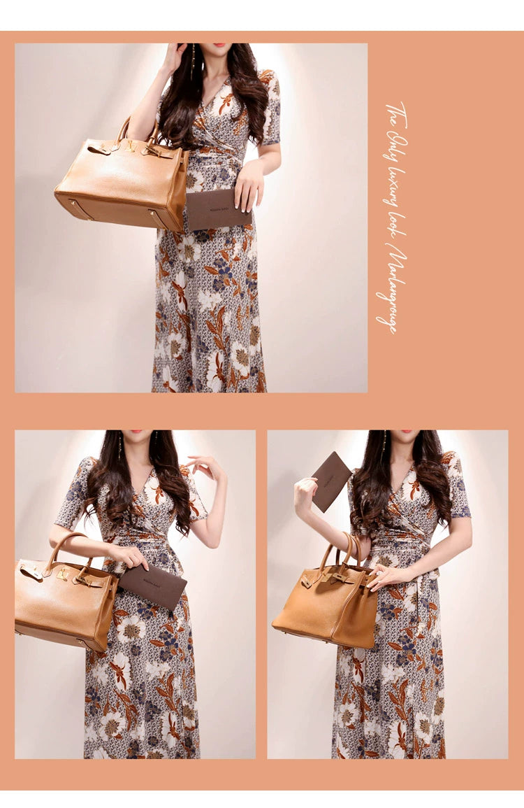 New Spring and Summer One-Piece Print Dress Shoelace Fashion Long Skirt Slim Looking High Elegant V Neck Slim Dress