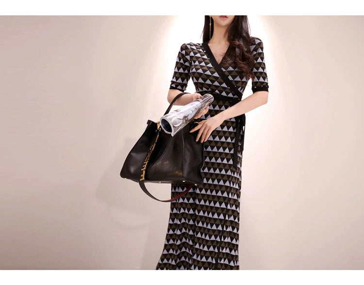 New Spring and Summer One-Piece Print Dress Shoelace Fashion Long Skirt Slim Looking High Elegant V Neck Slim Dress