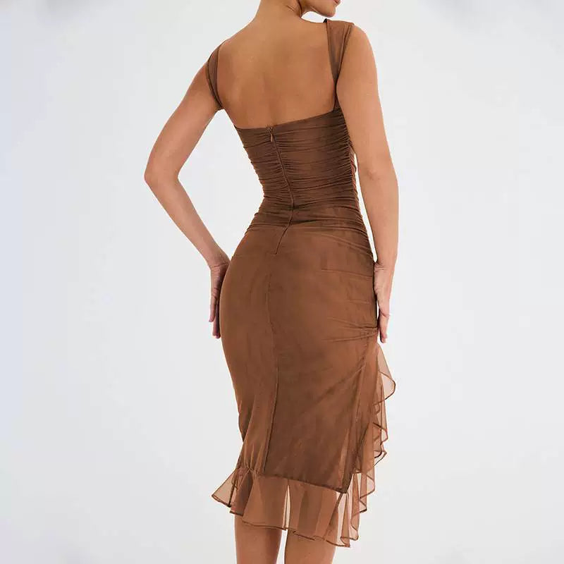 Magnificent Chinese Clothing European and American Style New round Neck Sleeveless Elegant Fashion Double Layer Sexy Tight Open Back Pleated Midi Dress