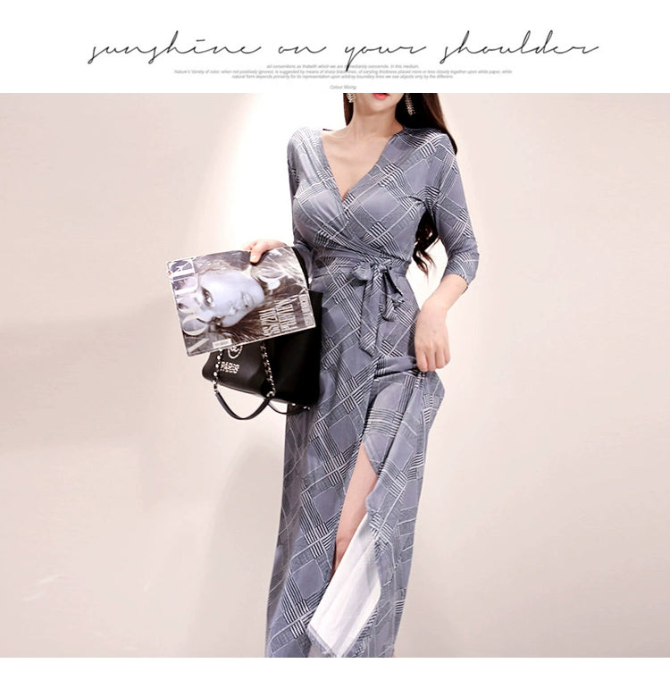 New Spring and Summer One-Piece Print Dress Shoelace Fashion Long Skirt Slim Looking High Elegant V Neck Slim Dress