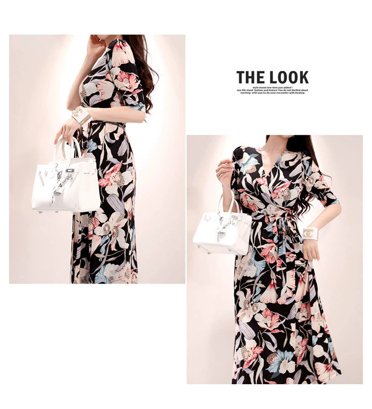 New Spring and Summer One-Piece Print Dress Shoelace Fashion Long Skirt Slim Looking High Elegant V Neck Slim Dress