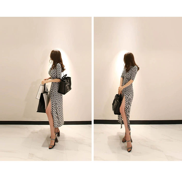 New Spring and Summer One-Piece Print Dress Shoelace Fashion Long Skirt Slim Looking High Elegant V Neck Slim Dress