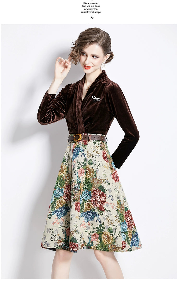 Gold Velvet Jacquard Fake Two-Piece Dress