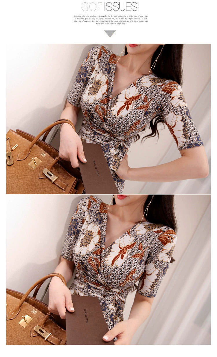 New Spring and Summer One-Piece Print Dress Shoelace Fashion Long Skirt Slim Looking High Elegant V Neck Slim Dress