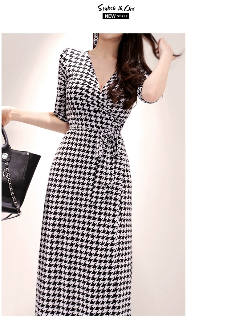 New Spring and Summer One-Piece Print Dress Shoelace Fashion Long Skirt Slim Looking High Elegant V Neck Slim Dress