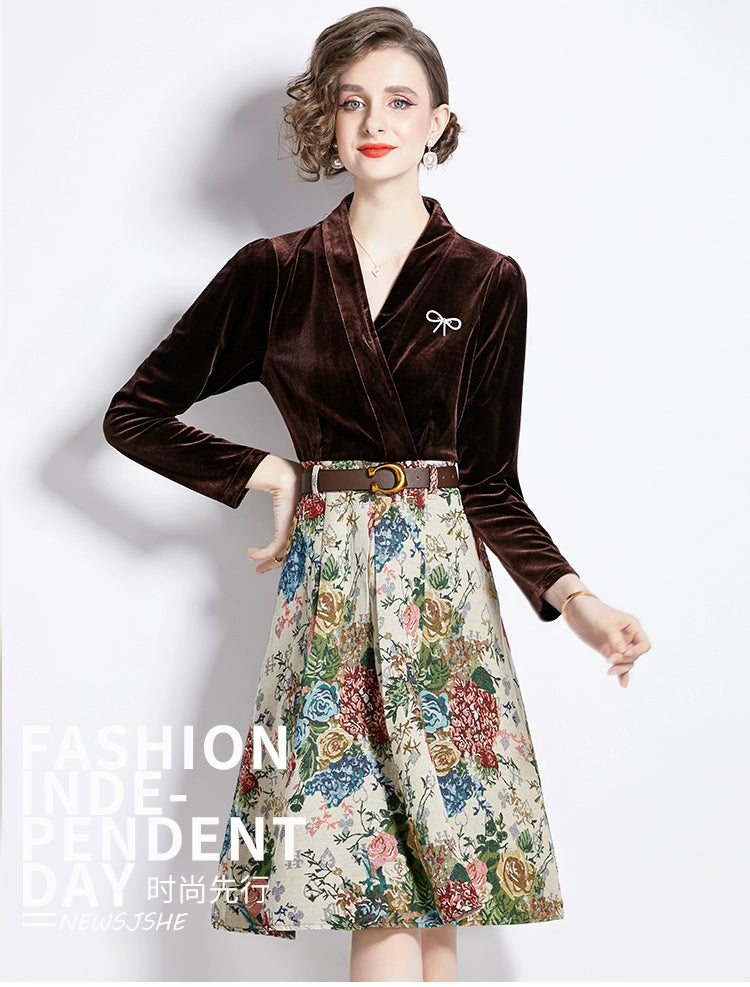 Gold Velvet Jacquard Fake Two-Piece Dress