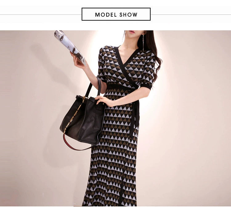 New Spring and Summer One-Piece Print Dress Shoelace Fashion Long Skirt Slim Looking High Elegant V Neck Slim Dress