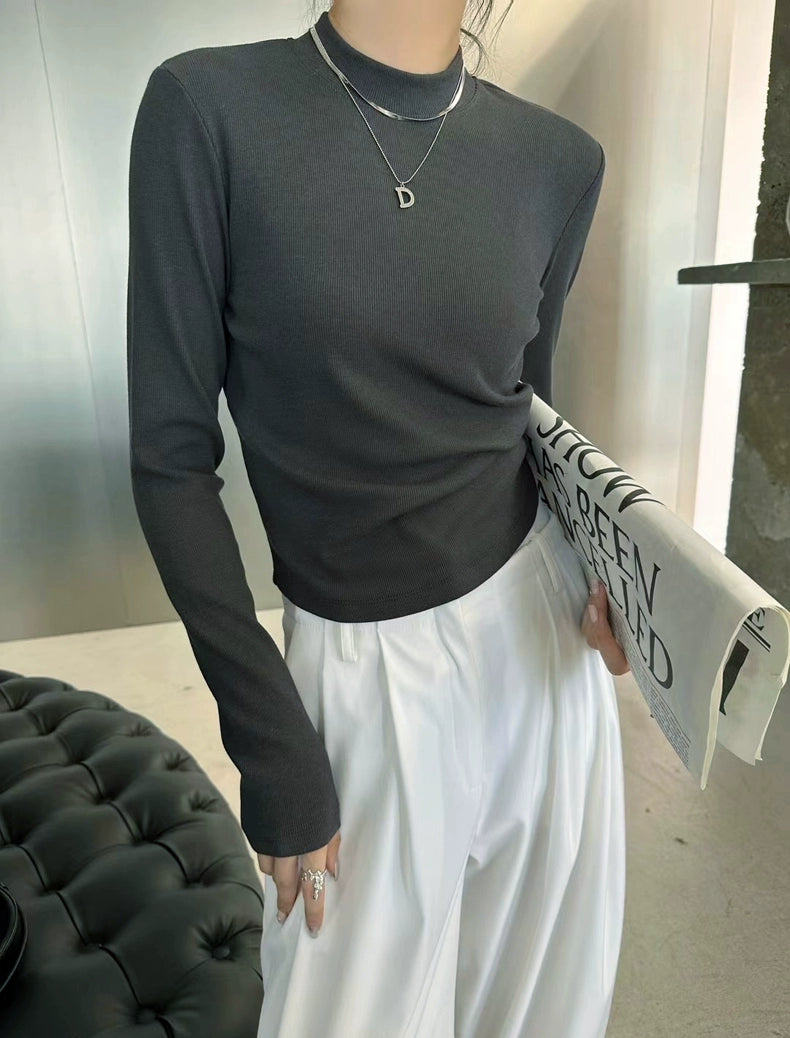 Fall and Winter Elastic Threaded Long Sleeve Silm Short Bottoming Shirt