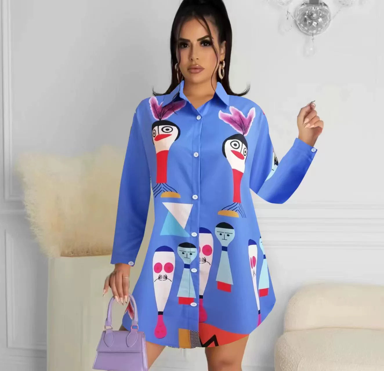 Fashion Style Fashion Elegant Amazon Cross-Border Print Mid Length Long Length Top Shirt Loose Casual Women's Shirt