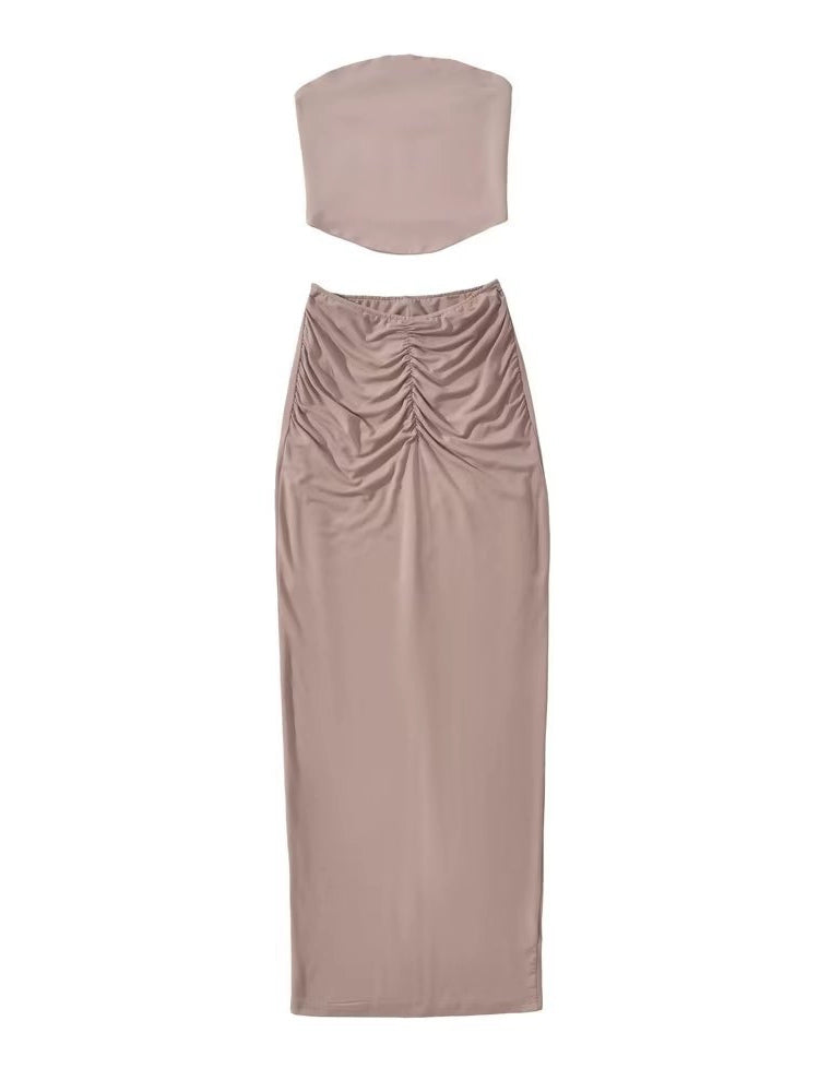 Internet Hot Two-Piece Suit Street Shot Sexy Pure Desire Sexy Tube Top Pleated Slim-Fit High Waist Flattering Split Sheath Dress