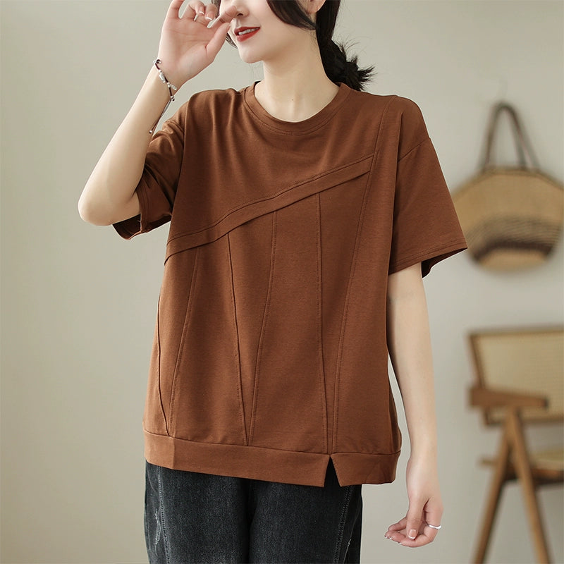 Summer 2024 New Arrival Pure Color Patchwork Covering Belly Thin T-Shirt Female Plus Size Loose All-Matching round Neck Short Sleeve Tops
