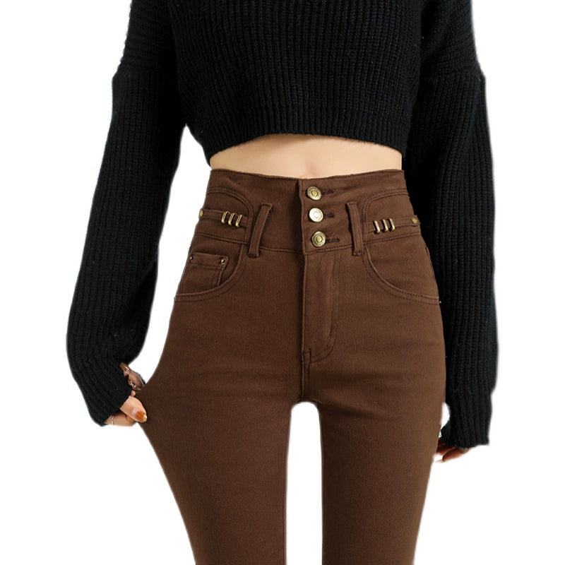 Brown Tight-Fitting Outerwear Stretch Slimming Jeans