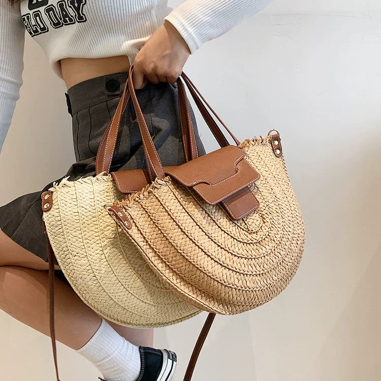 French Style Retro Straw Bag Semicircle Underarm Shoulder Messenger Bag Seaside Vacation Beach Woven Bag