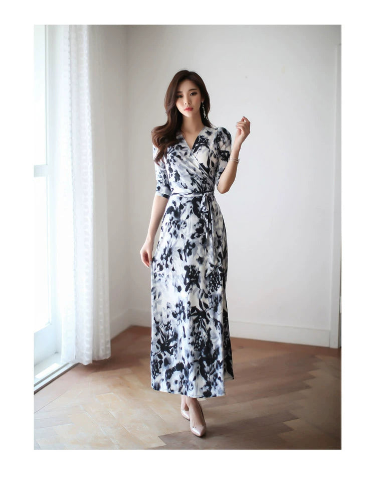 New Spring and Summer One-Piece Print Dress Shoelace Fashion Long Skirt Slim Looking High Elegant V Neck Slim Dress