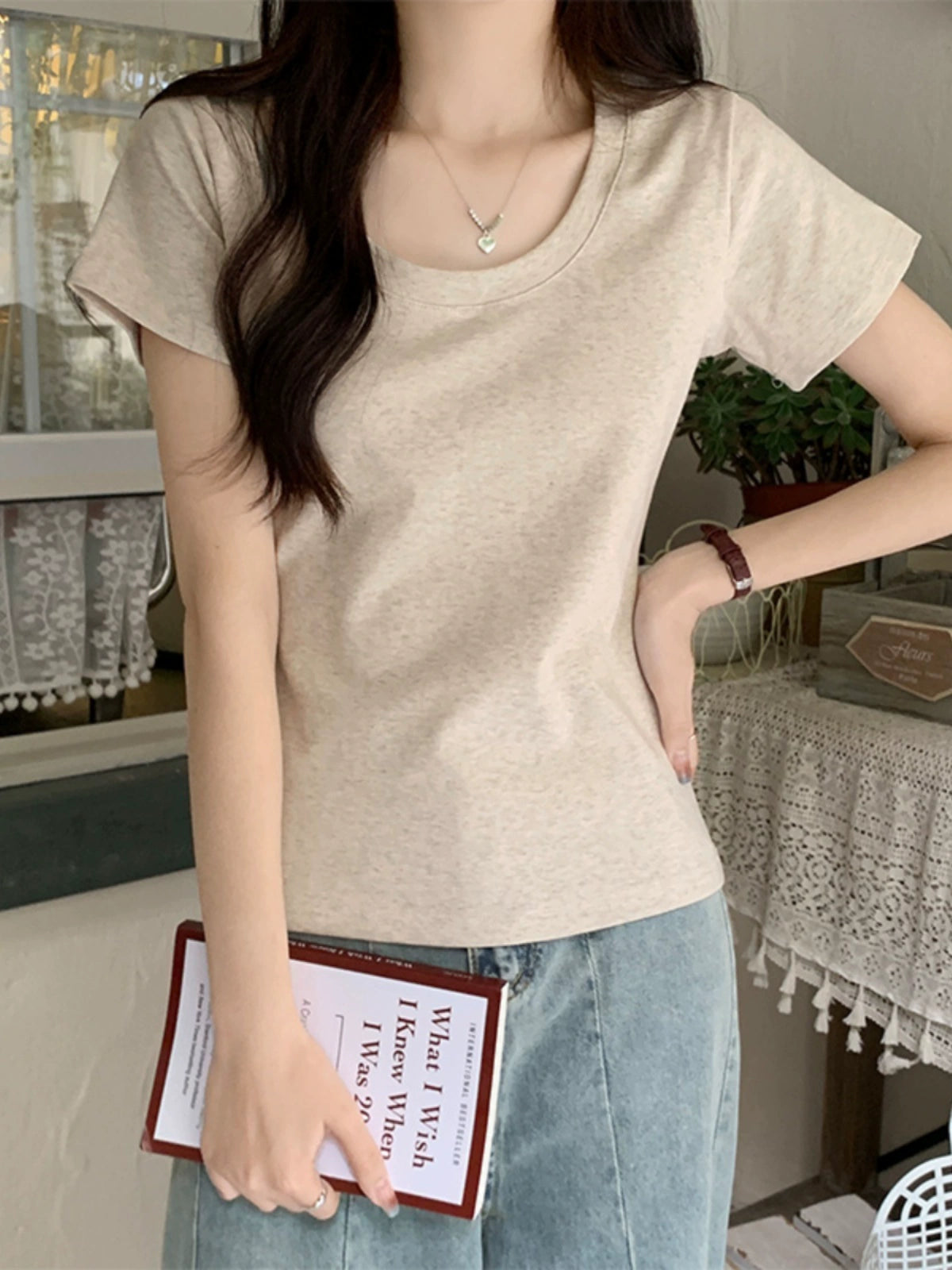 U-Neck Short Sleeve Slim Fit Stylish Solid Color Top T-shirt