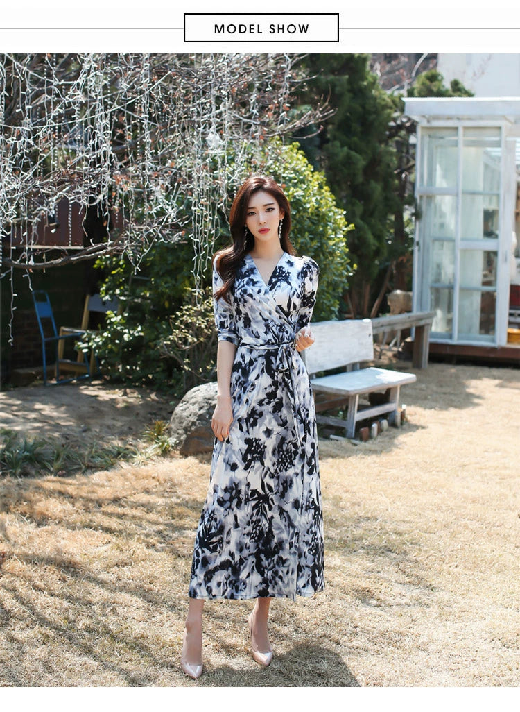 New Spring and Summer One-Piece Print Dress Shoelace Fashion Long Skirt Slim Looking High Elegant V Neck Slim Dress
