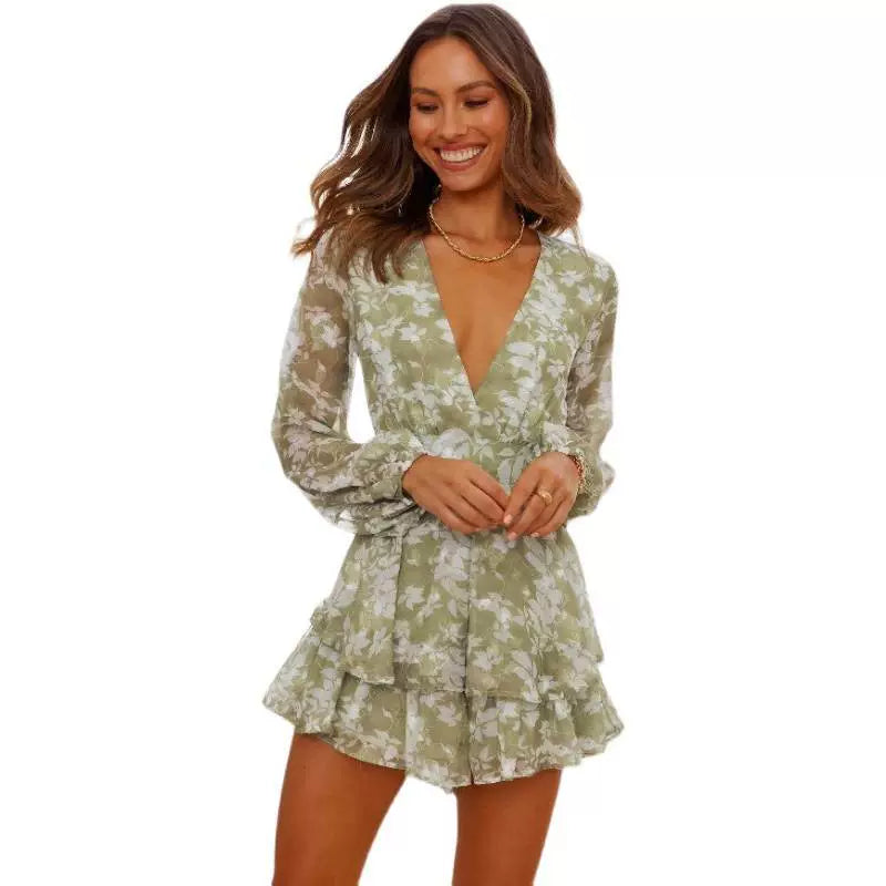 Women Long Sleeve Floral Print Bohemian Rompers Shorts Dress