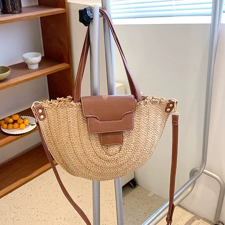 French Style Retro Straw Bag Semicircle Underarm Shoulder Messenger Bag Seaside Vacation Beach Woven Bag