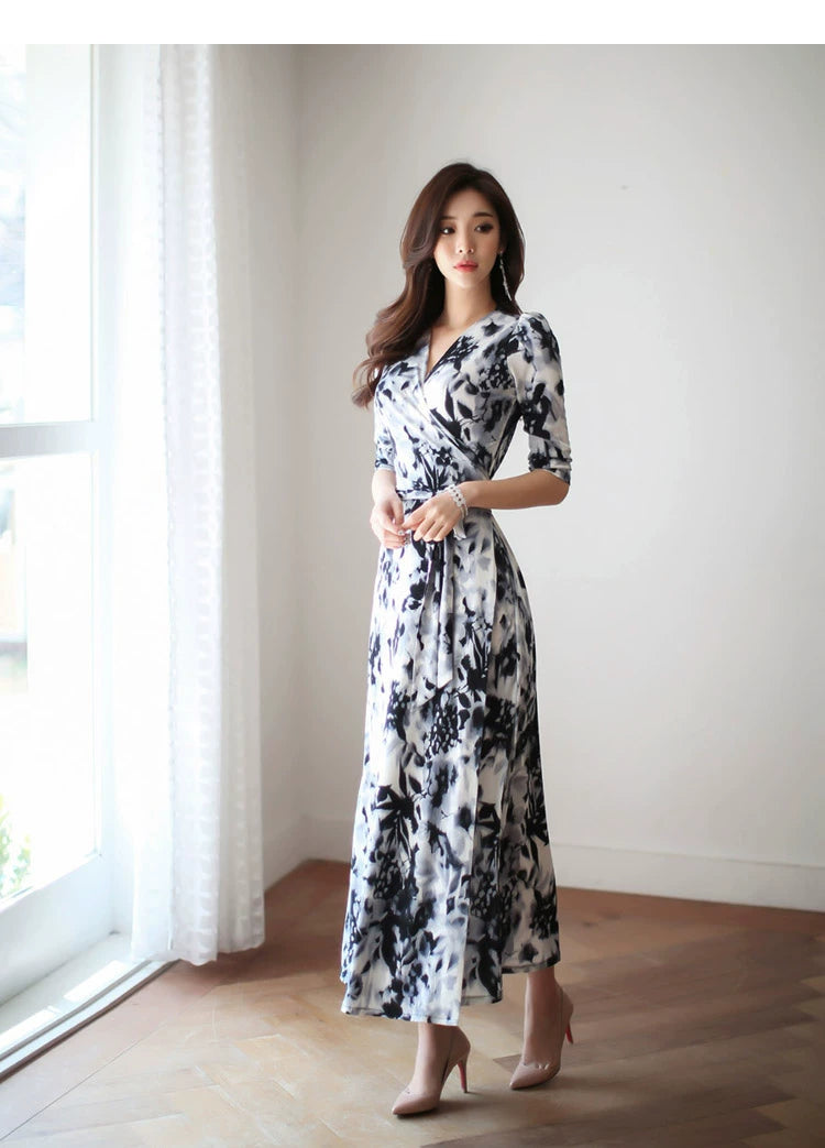 New Spring and Summer One-Piece Print Dress Shoelace Fashion Long Skirt Slim Looking High Elegant V Neck Slim Dress