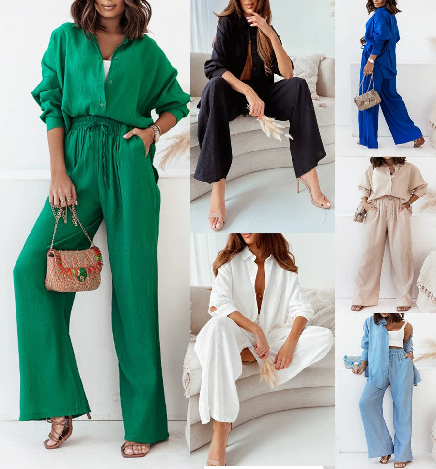 European Station European and American Women's Clothing Fall and Winter Ins New Arrival Loose Elastic Wrinkle Long Sleeves Shirt Loose Pants Casual Suit Women