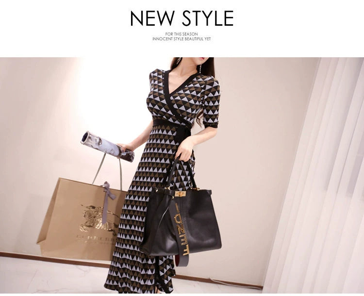 New Spring and Summer One-Piece Print Dress Shoelace Fashion Long Skirt Slim Looking High Elegant V Neck Slim Dress