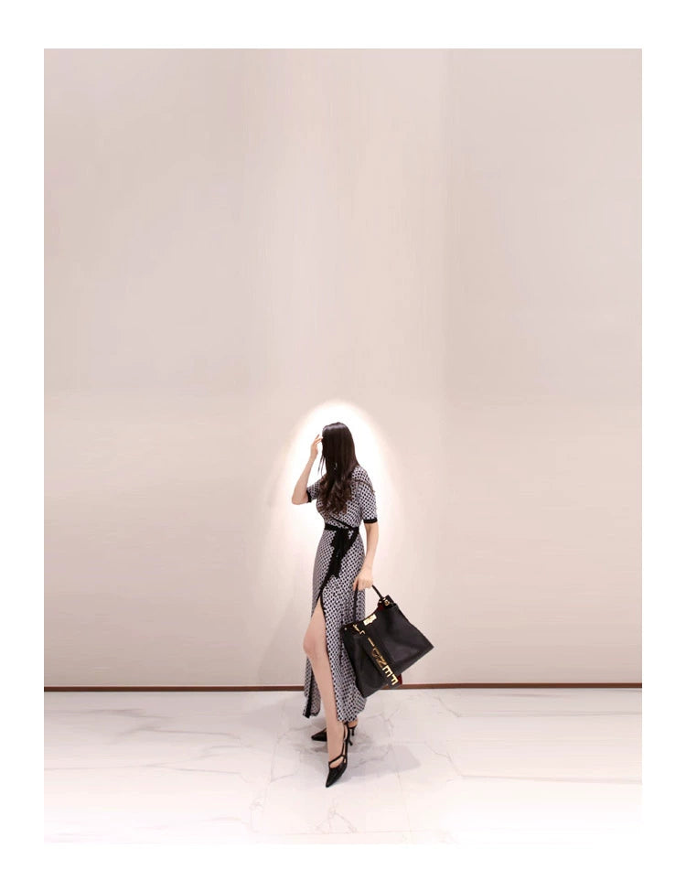 New Spring and Summer One-Piece Print Dress Shoelace Fashion Long Skirt Slim Looking High Elegant V Neck Slim Dress