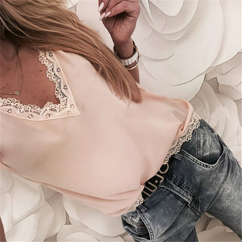 Ladies Solid Color V-Neck Lace T-Shirt Women's Pure Color V-neck Lace Women's T-shirt Summer