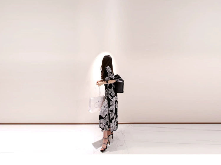 New Spring and Summer One-Piece Print Dress Shoelace Fashion Long Skirt Slim Looking High Elegant V Neck Slim Dress