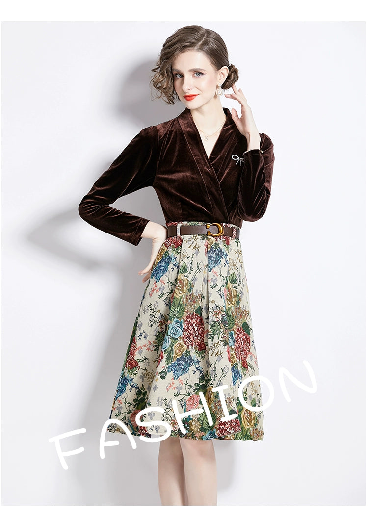 Gold Velvet Jacquard Fake Two-Piece Dress