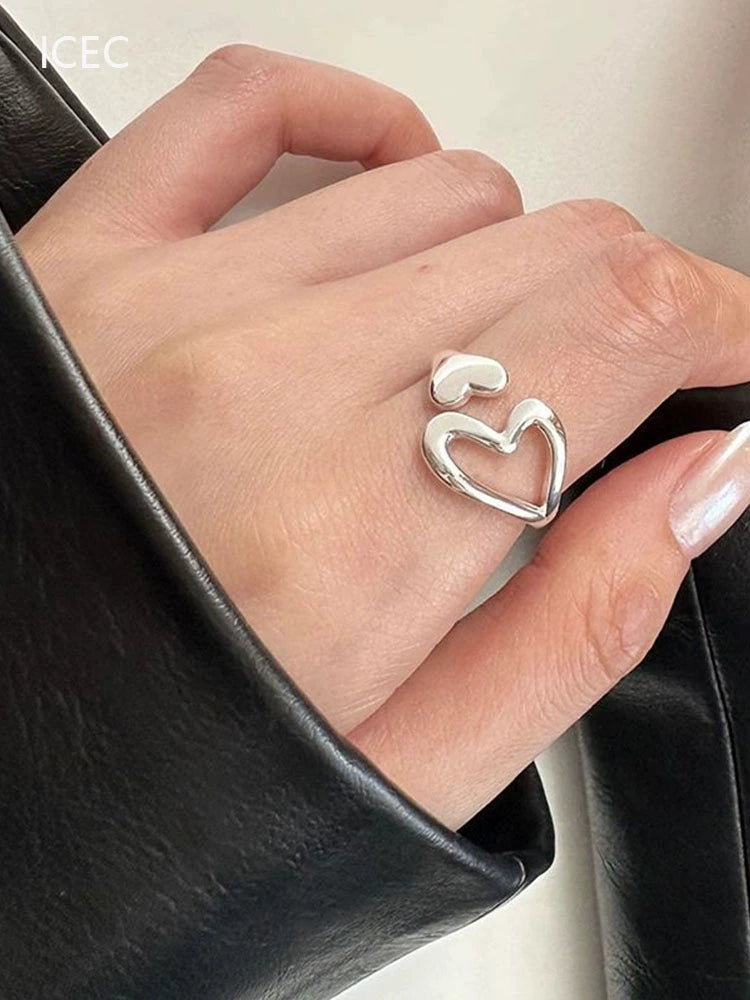 S925 Sterling Silver Heart-Shaped Hollow Ring Korean Series Simple Cold Style Niche Design Open Adjustable Diet Finger Ring