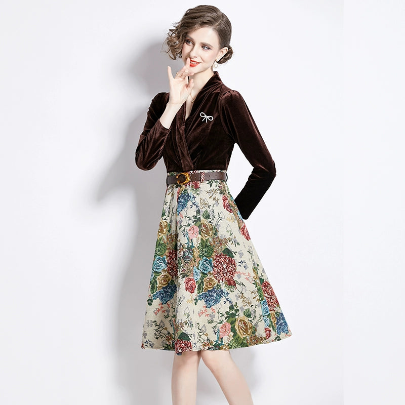 Gold Velvet Jacquard Fake Two-Piece Dress
