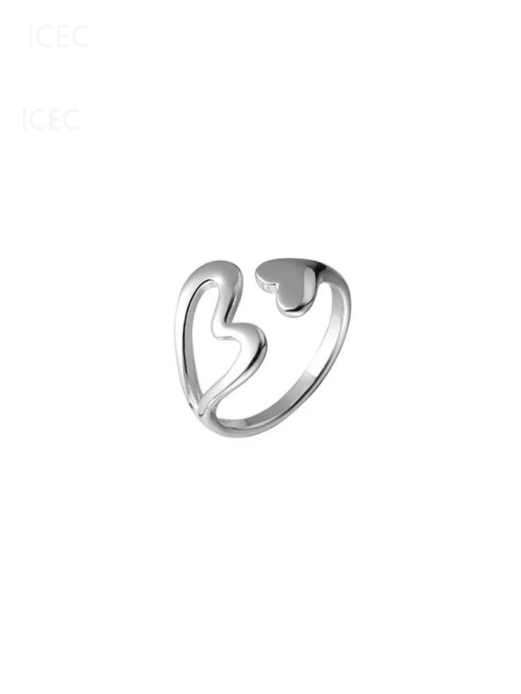 S925 Sterling Silver Heart-Shaped Hollow Ring Korean Series Simple Cold Style Niche Design Open Adjustable Diet Finger Ring