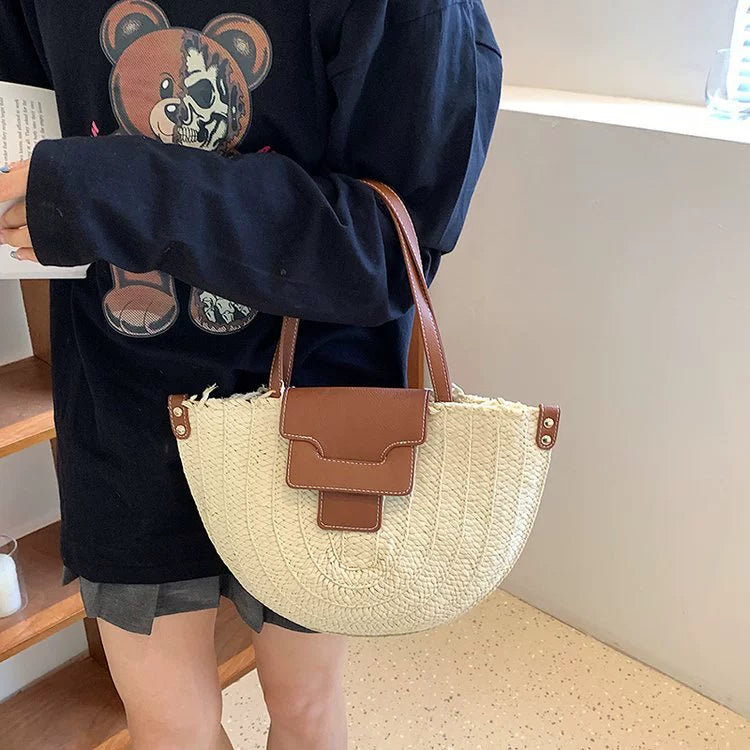 French Style Retro Straw Bag Semicircle Underarm Shoulder Messenger Bag Seaside Vacation Beach Woven Bag