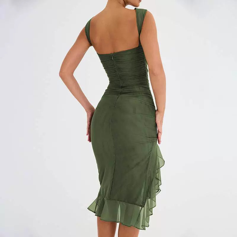 Magnificent Chinese Clothing European and American Style New round Neck Sleeveless Elegant Fashion Double Layer Sexy Tight Open Back Pleated Midi Dress