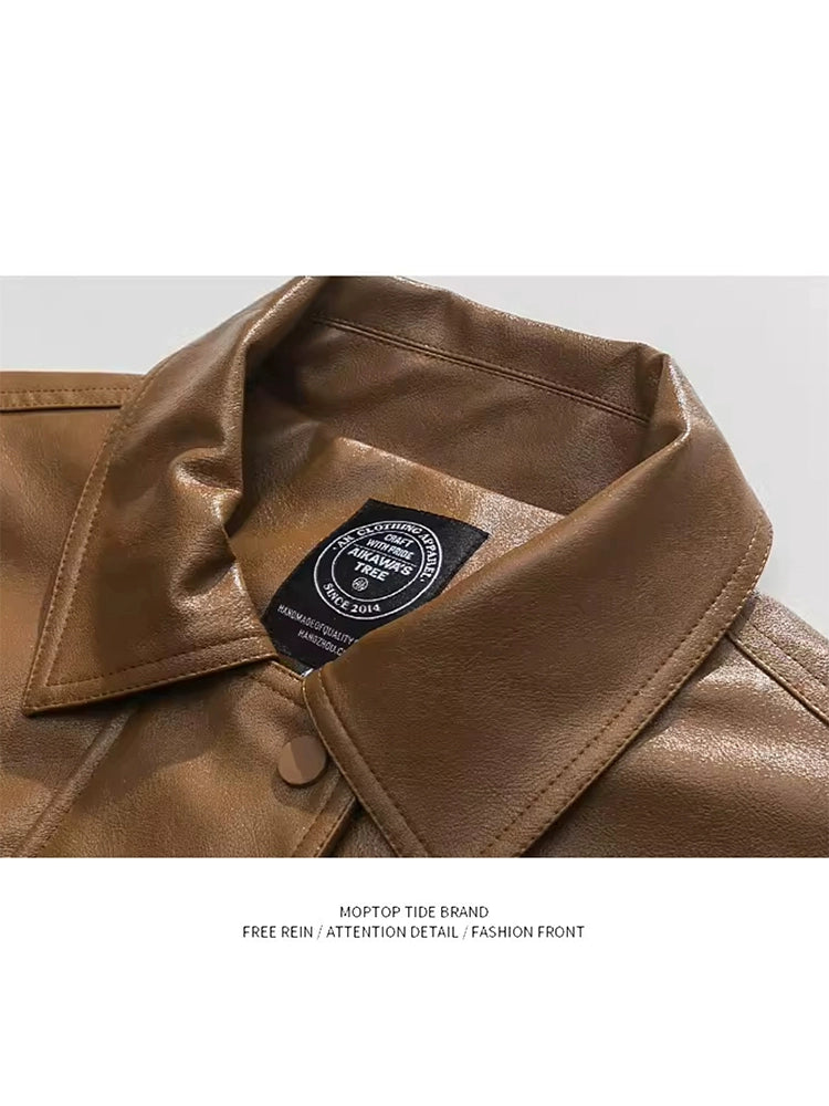 American Fashion Brand Retro Biker's PU Leather Coat Jacket Men's Autumn Leisure Loose Lapels Couple Coat Japanese Style Tops