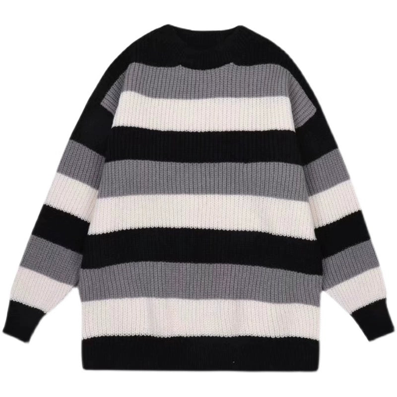 Contrast Color Striped Crew Neck Retro Hong Kong Style Chic Sweater