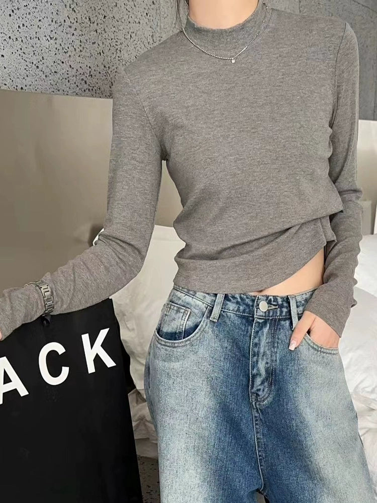 Fall and Winter Elastic Threaded Long Sleeve Silm Short Bottoming Shirt