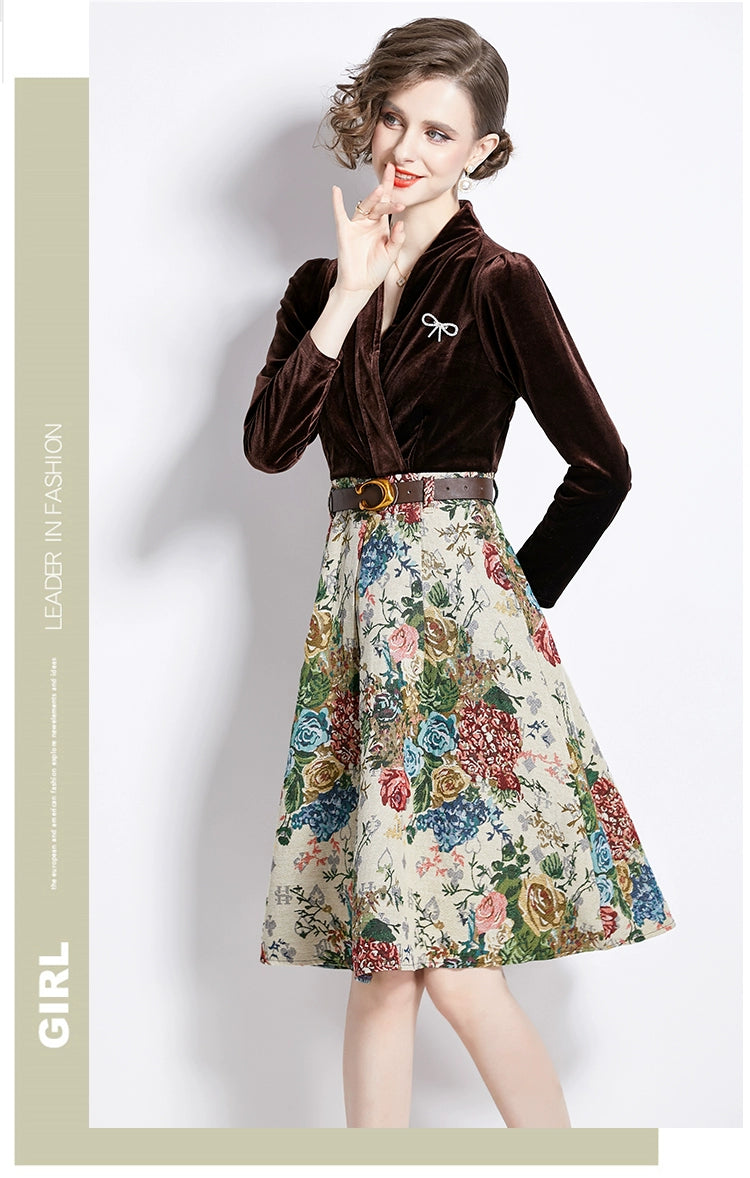 Gold Velvet Jacquard Fake Two-Piece Dress