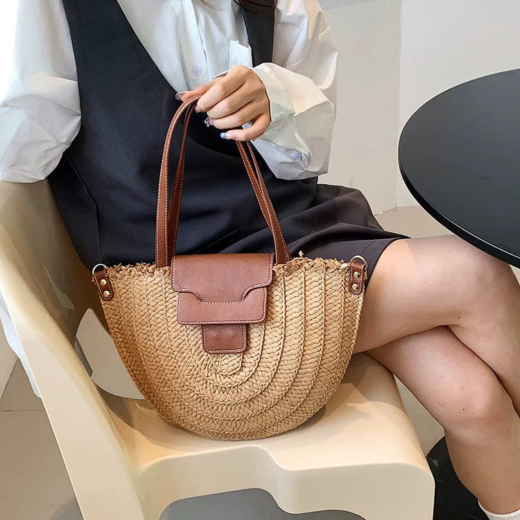 French Style Retro Straw Bag Semicircle Underarm Shoulder Messenger Bag Seaside Vacation Beach Woven Bag