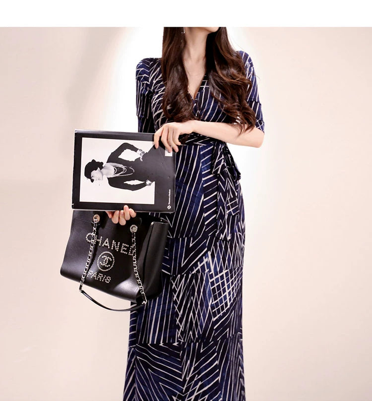New Spring and Summer One-Piece Print Dress Shoelace Fashion Long Skirt Slim Looking High Elegant V Neck Slim Dress