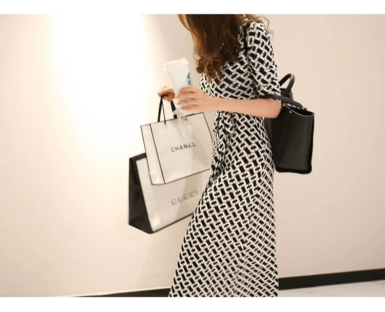 New Spring and Summer One-Piece Print Dress Shoelace Fashion Long Skirt Slim Looking High Elegant V Neck Slim Dress